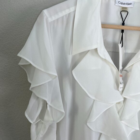 NEW Calvin Klein Womens Plus 2X White Ruffle Front Blouse Button Up Shirt - Picture 10 of 11